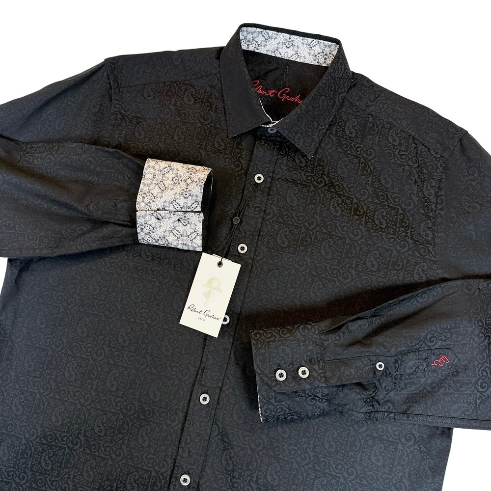 Robert Graham Button Down Shirt Men M Black Windsor Paisley Jacquard $178